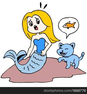 a mermaid is afraid when the cat approaches her. cartoon illustration sticker mascot emoticon