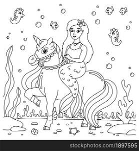 A mermaid rides a unicorn. Coloring book page for kids. Cartoon style character. Vector illustration isolated on white background.