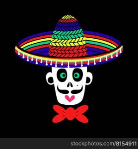 A Mexican skull of a zombie man in a sombrero hat. A skull for the conceptual design of the Halloween celebration. Vector illustration. A Mexican skull of a zombie man in a sombrero hat.