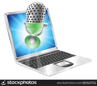 A microphone flying out of laptop screen. Concept for anything relating to online or computer recordings or music
