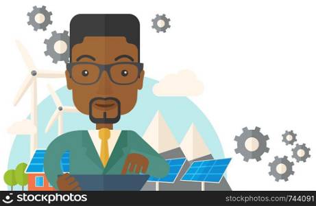 A mid adult male african engineer holding a blueprint in a solar panel. A Contemporary style with pastel palette, soft beige tinted background. Vector flat design illustration. Horizontal layout with text space on upper right side.. Mid adult male african engineer holding blueprint.