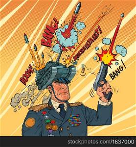A military man with tanks and missiles in a ceremonial uniform, dangerous politics. comic cartoon vintage retro illustration hand drawing. A military man with tanks and missiles in a ceremonial uniform, dangerous politics