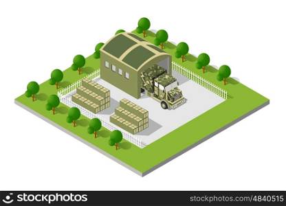 A military truck army vehicle transport in camouflage color disguise. Isometric stock picture truck vector. Military truck army
