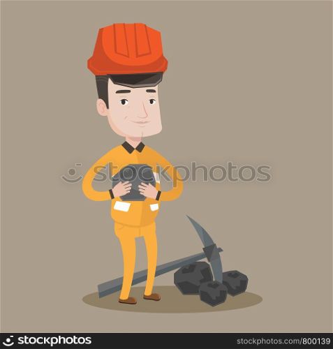 A miner in hard hat holding coal in the hands. Miner with a pickaxe. Miner working at coal mine. Vector flat design illustration. Square layout.. Miner holding coal in hands vector illustration.