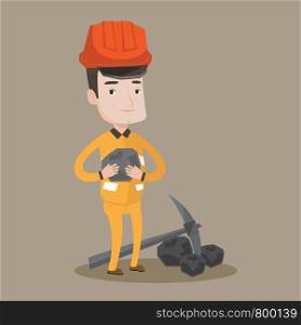 A miner in hard hat holding coal in the hands. Miner with a pickaxe. Miner working at coal mine. Vector flat design illustration. Square layout.. Miner holding coal in hands vector illustration.