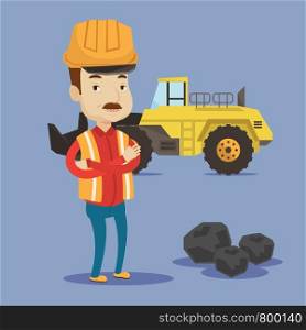 A miner in hard hat standing in front of a big excavator. Miner with crossed arms standing near coal. Vector flat design illustration. Square layout.. Miner with a big excavator on background.