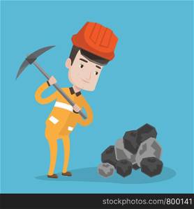 A miner in hard hat working with a pickaxe. Miner at the coal mine. Vector flat design illustration. Square layout.. Miner working with pickaxe vector illustration.