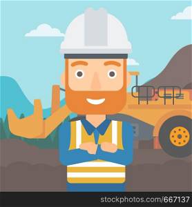 A miner standing in front of a big mining equipment on the background of coal mine vector flat design illustration. Square layout.. Miner with mining equipment on background.