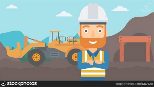 A miner standing in front of a big mining equipment on the background of coal mine vector flat design illustration. Horizontal layout.. Miner with mining equipment on background.