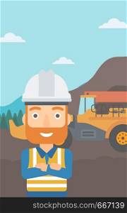 A miner standing in front of a big mining equipment on the background of coal mine vector flat design illustration. Vertical layout.. Miner with mining equipment on background.