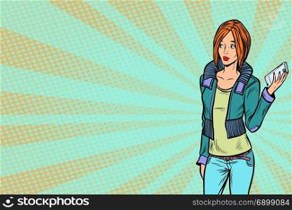 A modern woman with a smartphone. Pop art retro vector illustration. modern woman with a smartphone