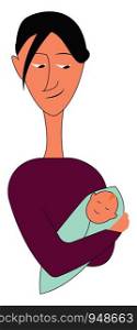 A mom in a purple shirt carrying a cute baby wrapped in green soft cloth, vector, color drawing or illustration.