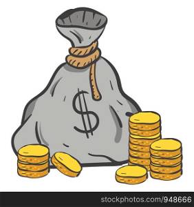 A money bag and a gold coins, vector, color drawing or illustration.