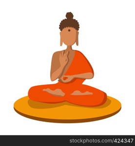 A monk meditating in the lotus position cartoon icon on a white background. A monk meditating in the lotus position icon