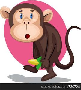 A Monkey eating banana and dancing in pink background, vector, color drawing or illustration.