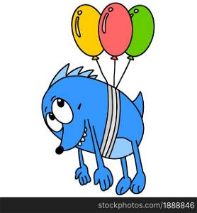a monster tied with a balloon carried away flying. cartoon illustration sticker mascot emoticon