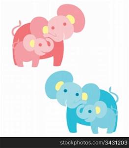 A mother elephant with baby elephant looking at each other, illustrated in blue for baby boy and pink for baby girl.
