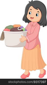 a mother holding large basket with dirty clothes
