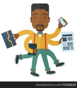A multitasking job is a man with many hands with successful planning elements, can handle many paper works. Time management concept. A Contemporary style. Vector flat design illustration with isolated white background. Square layout. Black guy with multitasking job.