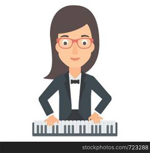 A musician playing piano vector flat design illustration isolated on white background.. Woman playing piano.