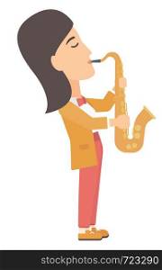 A musician playing saxophone vector flat design illustration isolated on white background.. Woman playing saxophone.