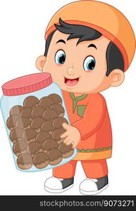 a Muslim boy is happy to bring a big jar filled with chocolate cake