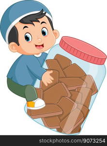 a Muslim boy is happy to get lots of chocolate cakes in a big jar