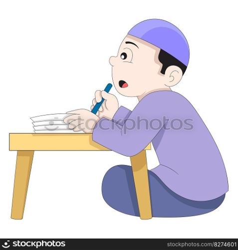 a Muslim boy was sitting recording financial books at the table. vector design illustration art