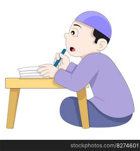 a Muslim boy was sitting recording financial books at the table. vector design illustration art