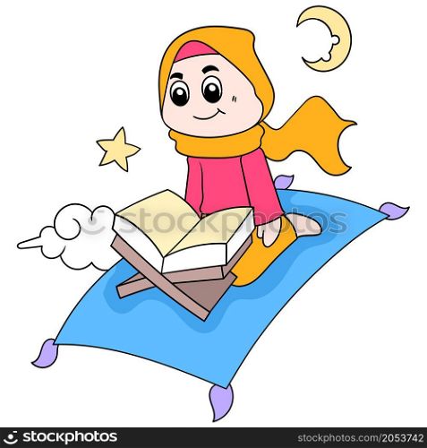 a muslim woman who wears a hijab reading the holy book flying with a magic prayer mat