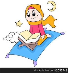 a muslim woman who wears a hijab reading the holy book flying with a magic prayer mat