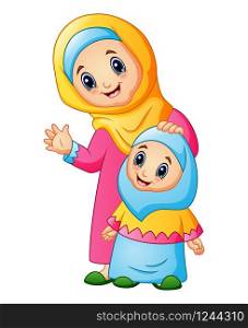 A muslim women hold her daughter head and waving hand