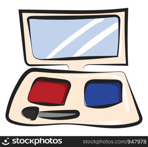 A new eye shadow palette with bright red and blue colour which has a mirror and brush to it , vector, color drawing or illustration.