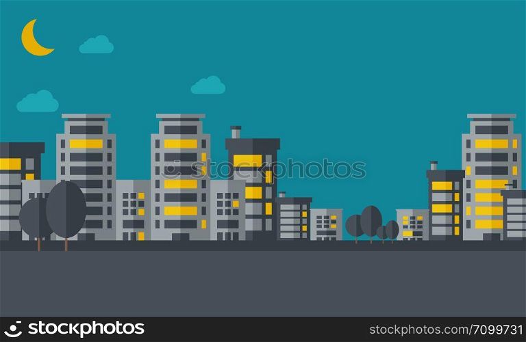 A night scenery of building city with moon. Vector flat design illustration. Horizontal layout.. Night scenery of building city with moon