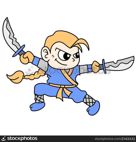 a ninja practicing using two sharp swords