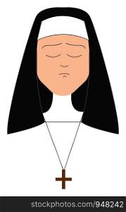 A nun wearing a black veil attached to the white cap on her head and a plus-sign pendant chain looks unhappy while eyes closed , vector, color drawing or illustration.