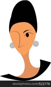 A one eyed lady wearing a silver earrings and hair tied up neatly vector color drawing or illustration
