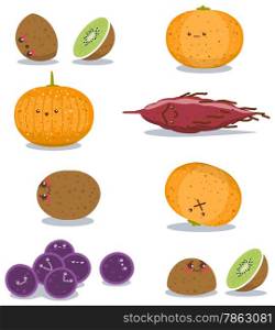 A pack of vector illustration of grapes sweet potato kiwi and orange in funny poses.