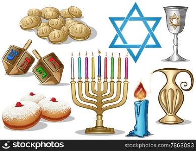 A pack of Vector illustrations of famous symbols for the Jewish Holiday Hanukkah.