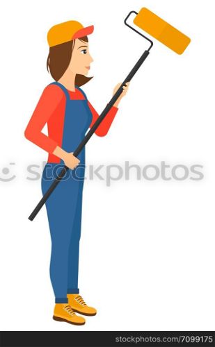A painter standing with a paint roller vector flat design illustration isolated on white background. Vertical layout.. Painter with paint roller.