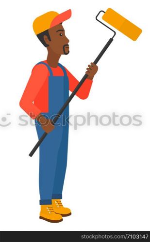 A painter standing with a paint roller vector flat design illustration isolated on white background. . Painter with paint roller.