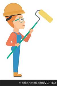 A painter standing with a paint roller vector flat design illustration isolated on white background. . Painter with paint roller.