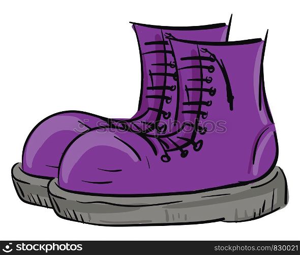 A pair of big purple rain boots with lace-up detail and grey bottom vector color drawing or illustration