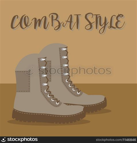 A pair of brown boots with an inscription combat style vector illustration. A pair of brown army boots