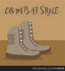 A pair of brown boots with an inscription combat style vector illustration. A pair of brown army boots