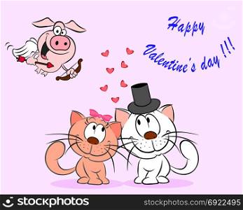 A pair of cats in love is isolated on a pink background, next to a swine cupid and the inscription Happy Valentine&rsquo;s Day.