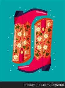A pair of cowboy boots decorated with flowers on blue background. Vibrant and colorful vector illustration. 