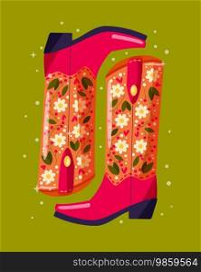 A pair of cowboy boots decorated with flowers on green background. Vibrant and colorful vector illustration. 