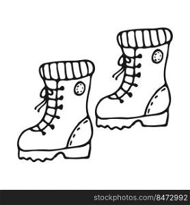 A pair of doodle-style hiking boots. Shoes hand drawn black outline on a white background. Vector illustration.. A pair of doodle-style hiking boots. 