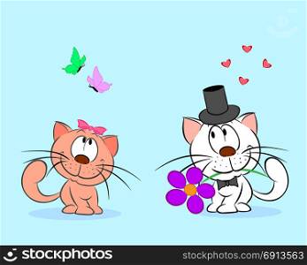 A pair of enamored cats are isolated on a blue background.